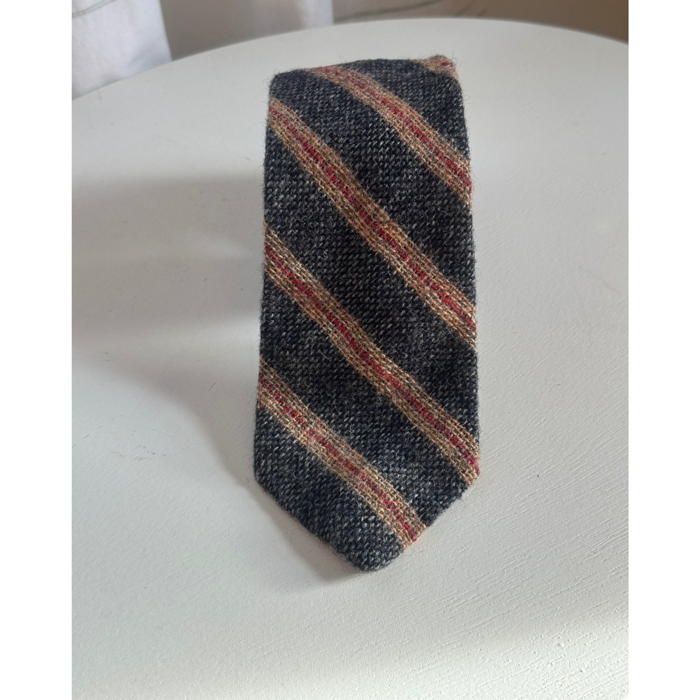 Liberty of London Mens Wool Tweed Striped Tie Charcoal Grey Red Orange Vintage